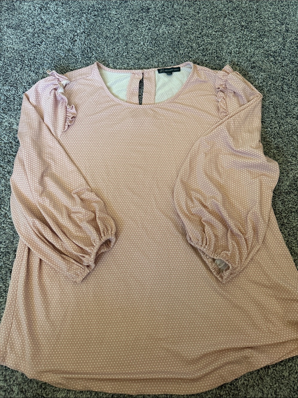 Adrianna Papell Dusty Rose Polka Dot Ruffle Shoulder Blouse